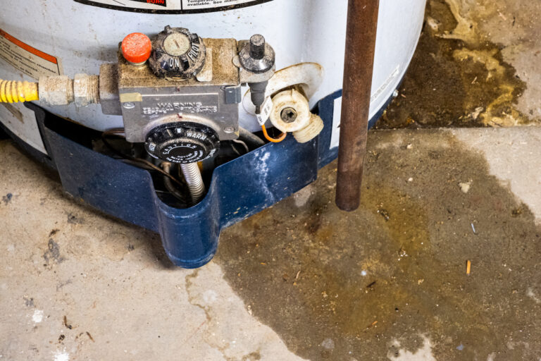 old leaking water heater with puddle underneath it signs your water heater is failing