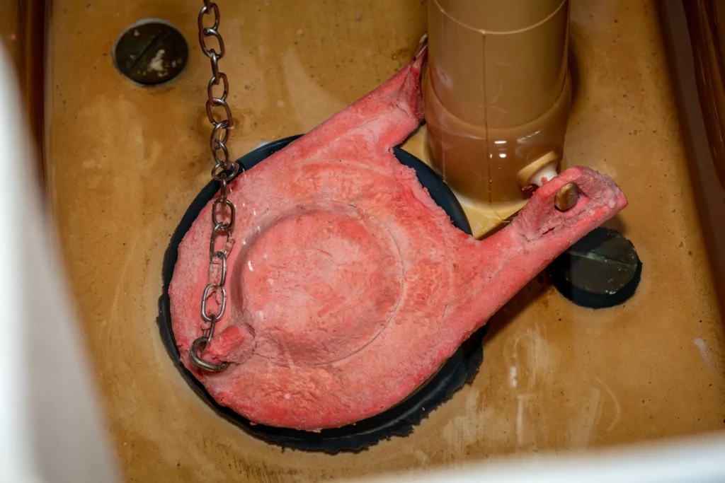 plumber reveals flapper valve inside the tank of toilet